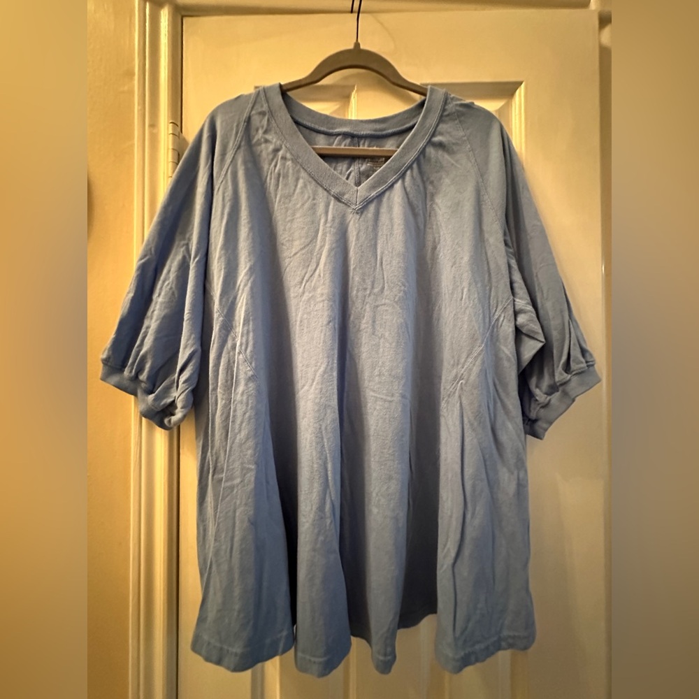 Free People - V-Neck Puff Sleeve Shirt - Light Blue